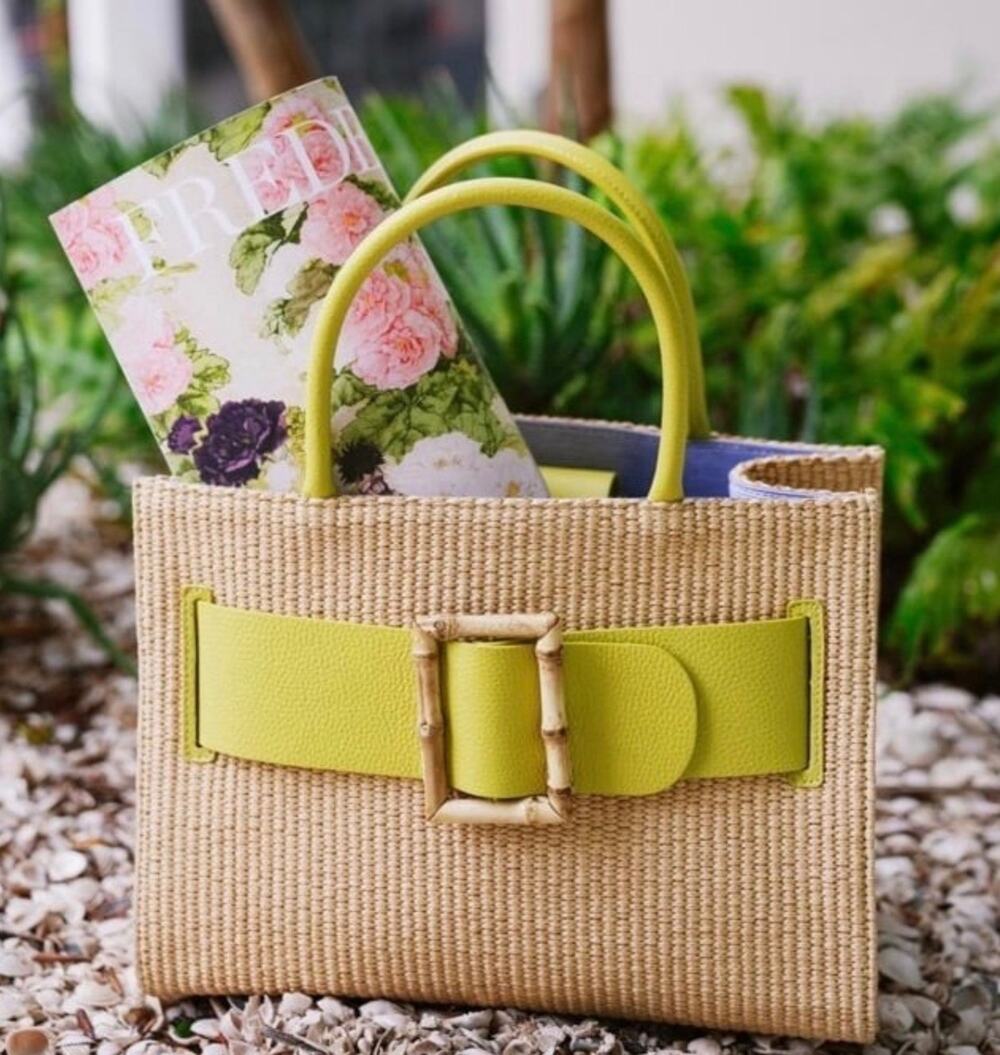 J McLaughlin Holland Straw Tote Natural Bamboo Buckle Raffia Satchel
